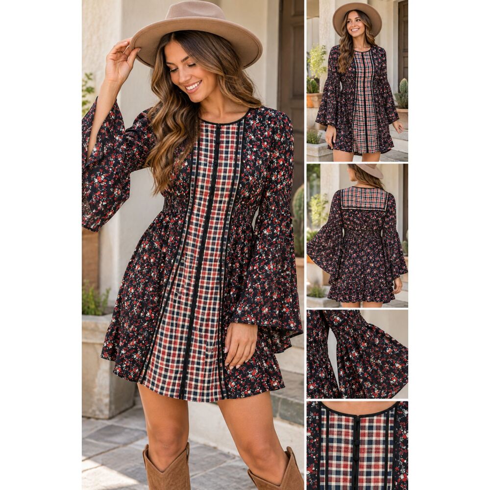 POL Womens S Floral Plaid Boho Mini Dress Smocked Bell Sleeve Cottagecore